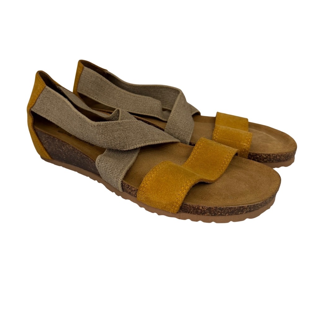 Bos & Co Wedge Sandals 41/10 Mustard Yellow Suede Elastic Straps Made in Italy